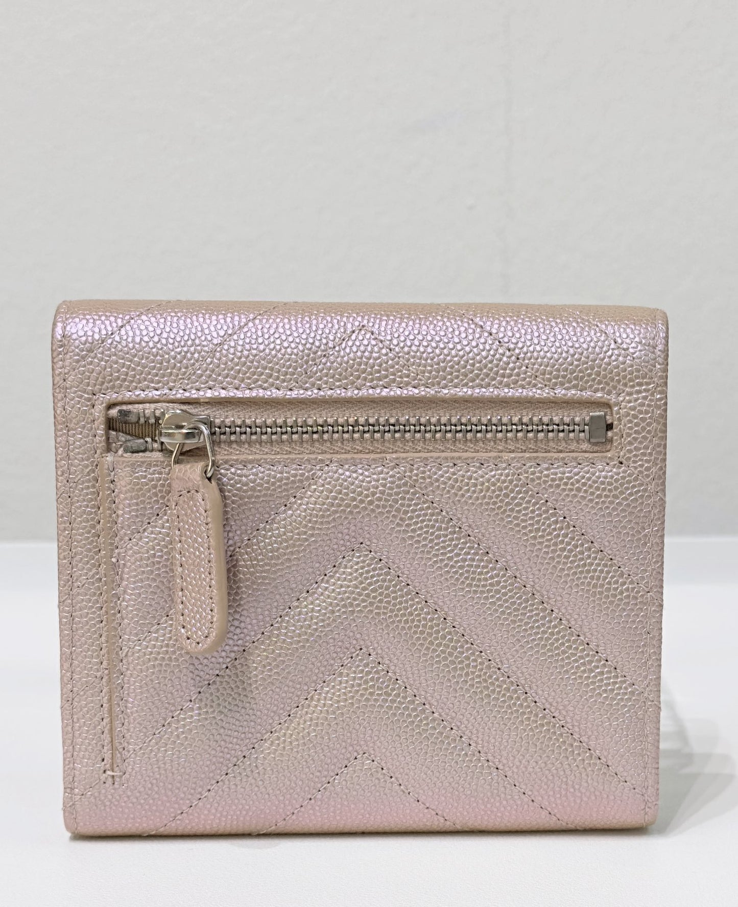 Chanel Metallic Caviar Chevron Quilted Compact Flap Wallet Light Gold