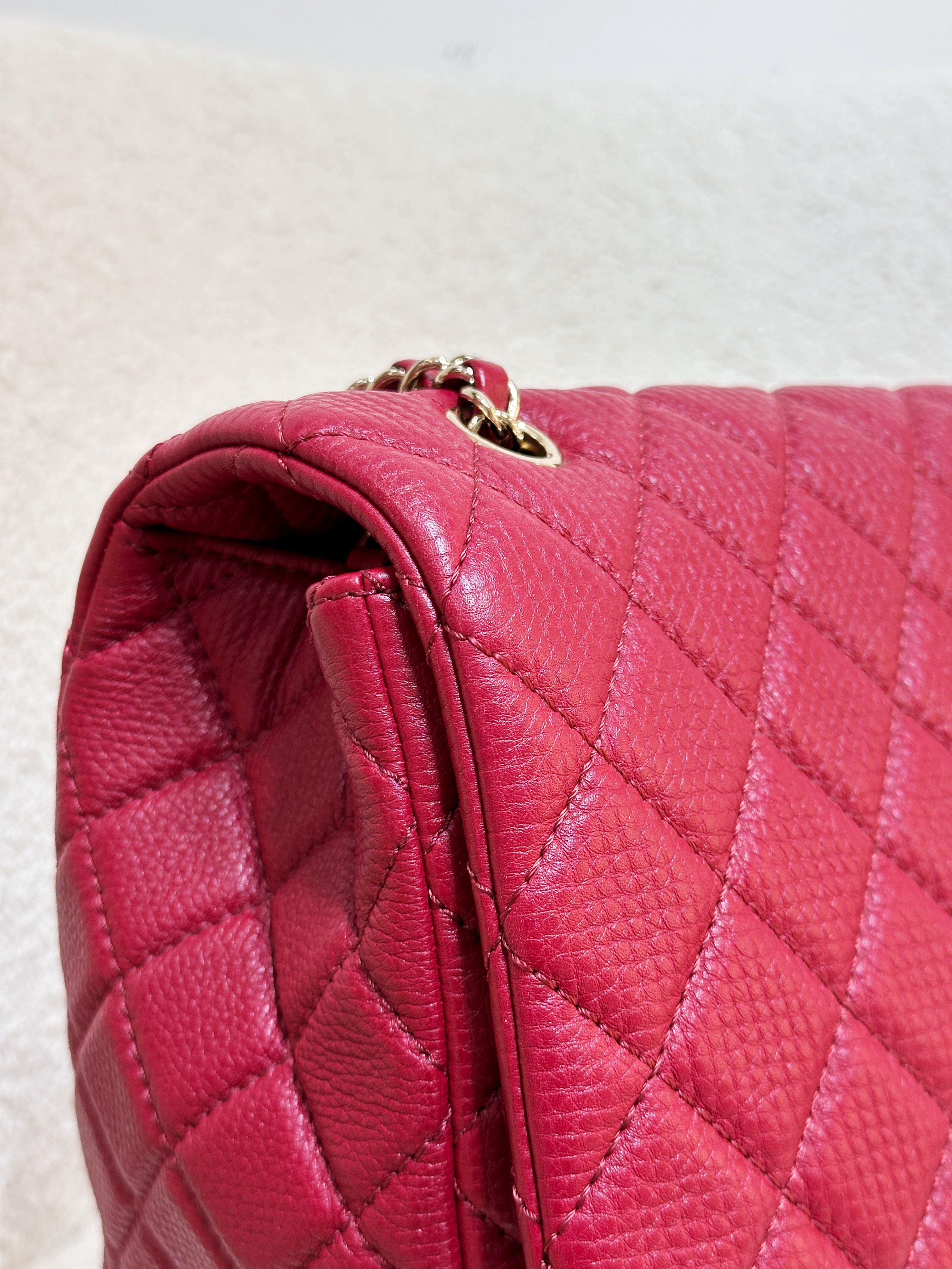 Chanel Red Grained Calfskin XL Small Travel Flap Bag Light Gold Hardware