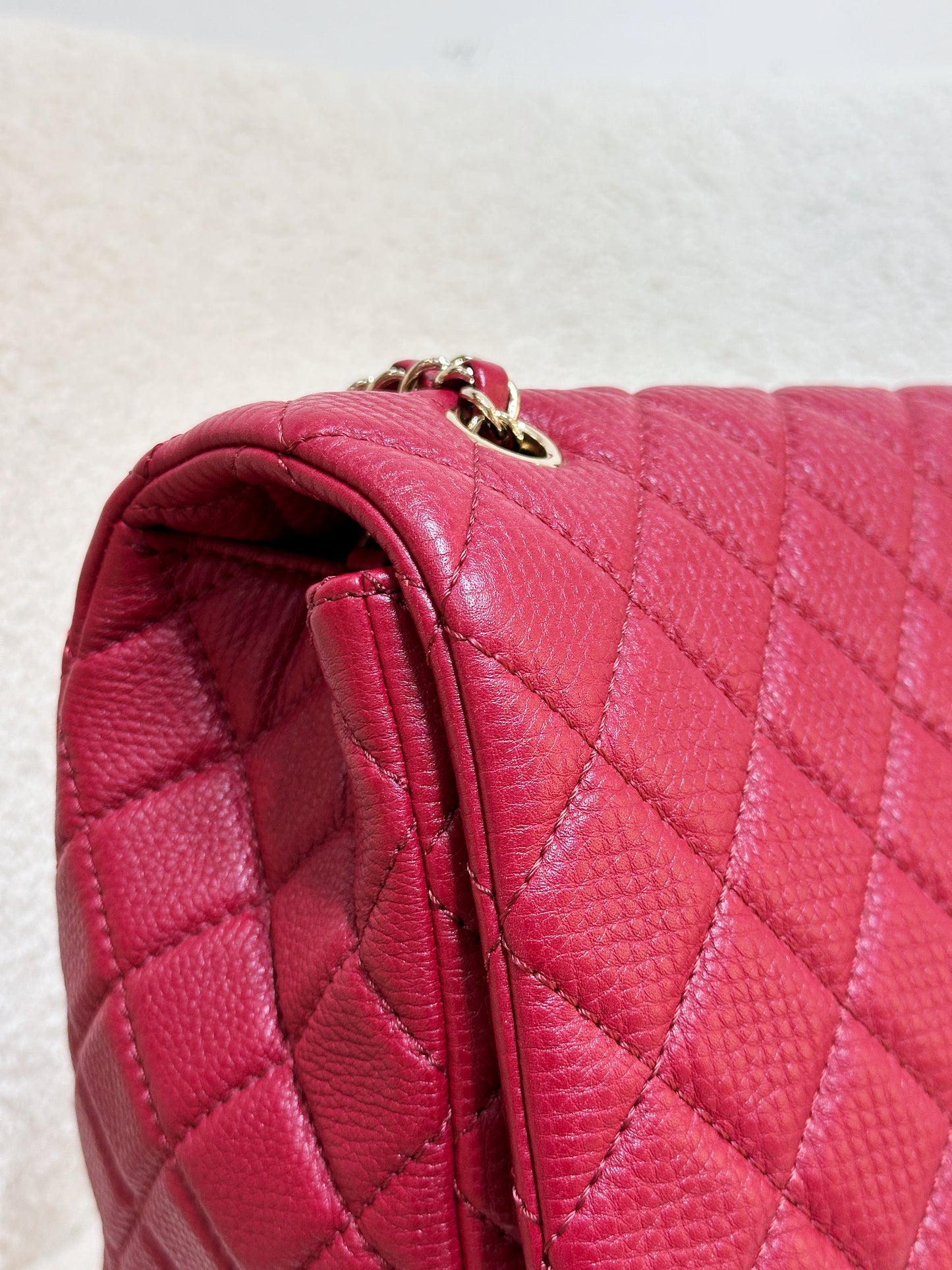 Chanel Red Grained Calfskin XL Small Travel Flap Bag Light Gold Hardware