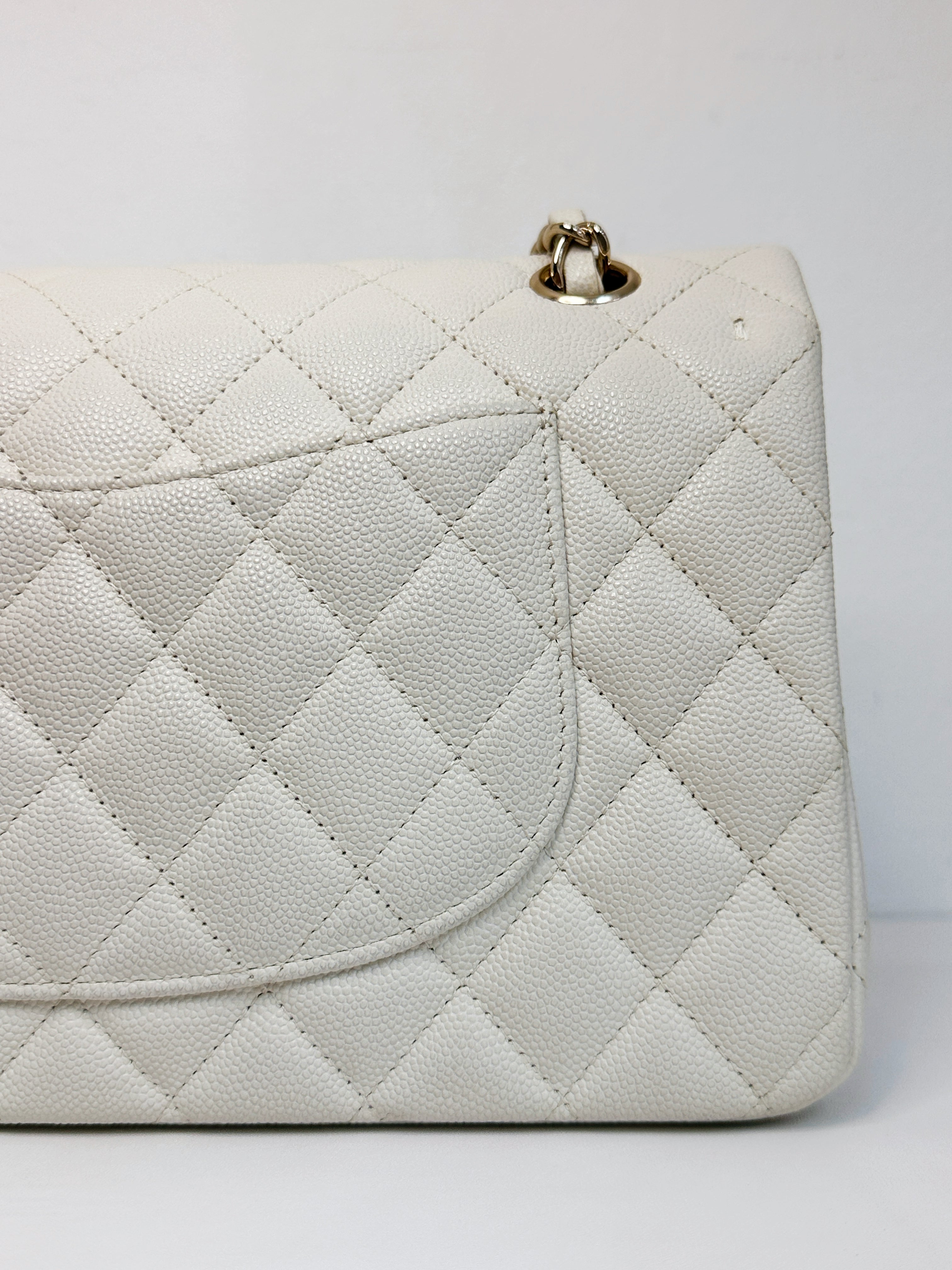 Chanel Medium Caviar Classic Quilted Double Flap White Light Beige Bag LGHW L45J microchip