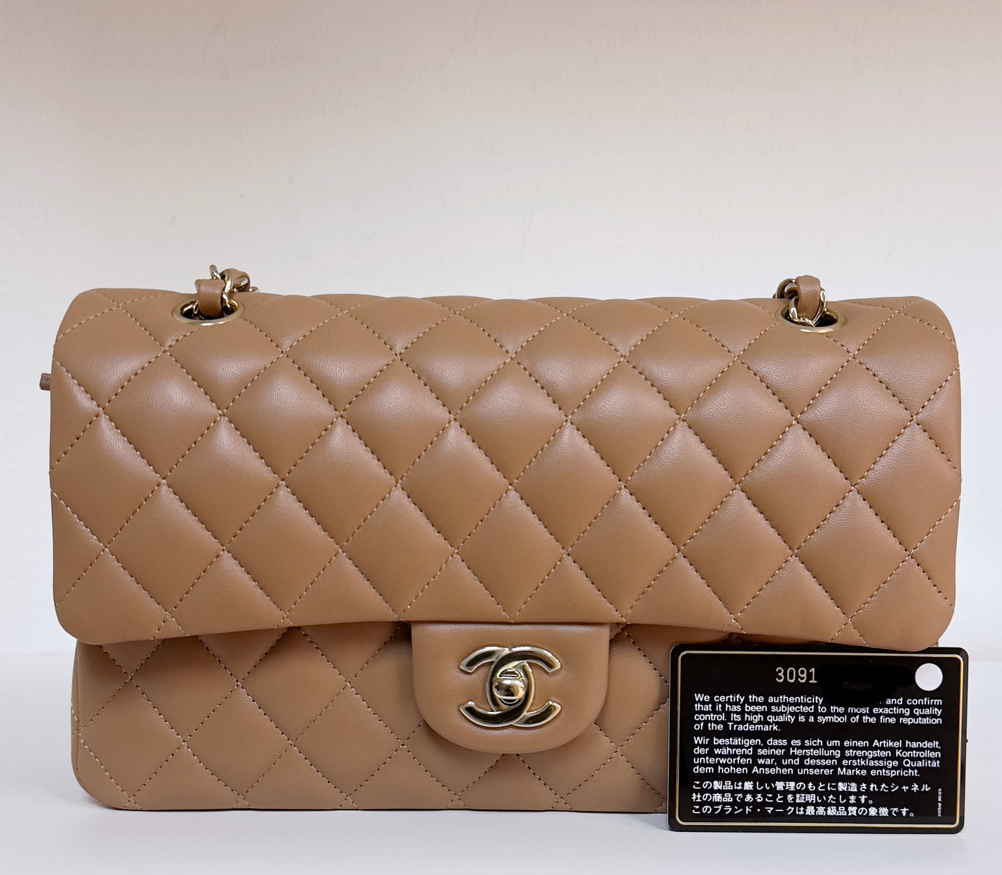 Chanel Medium Lambskin Classic Double Flap Bag 21P Caramel LGHW 3091 holo card