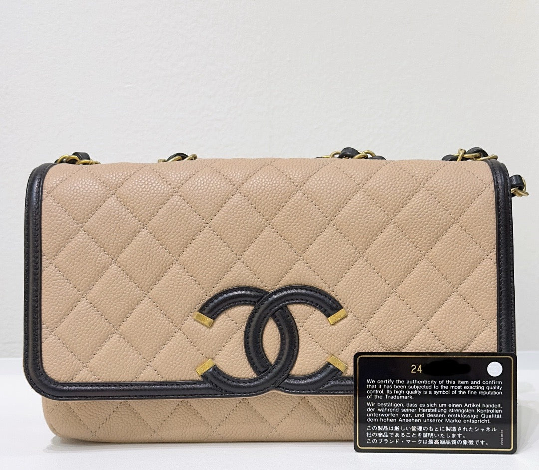 Chanel Medium Caviar Quilted CC Filigree Flap Beige Black