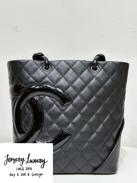Chanel Calfskin Cambon Line Medium Tote Bag Black 1531 holo
