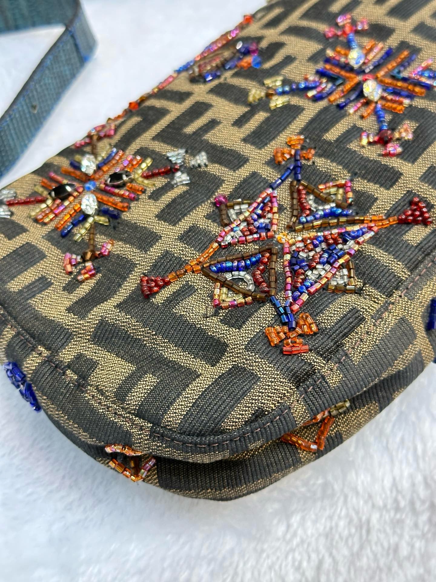 Fendi Baguette Zucca Monogram with Beaded Floral Embroidery SHW