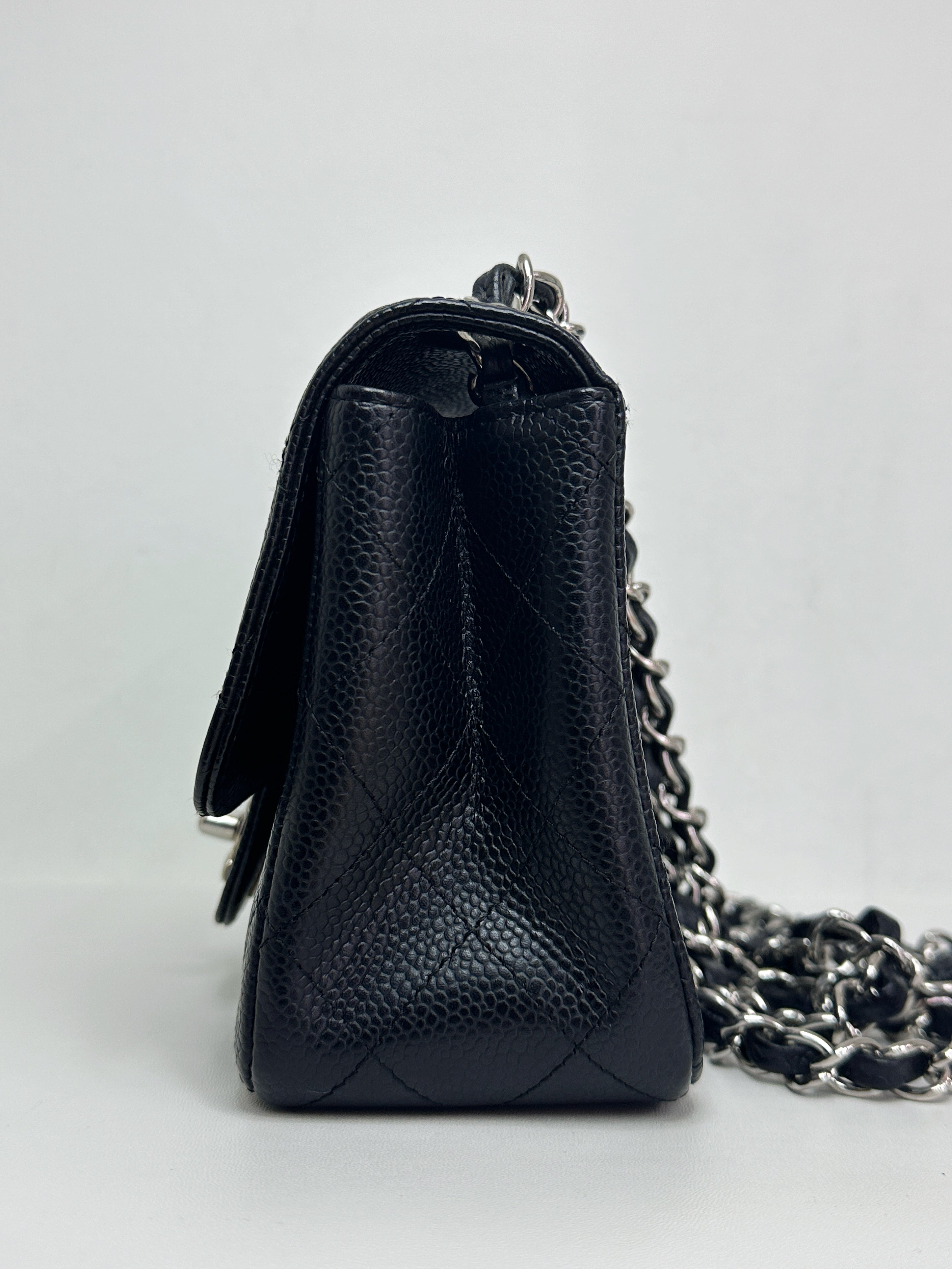 Chanel Mini Square Classic Quilted Caviar Single Flap Bag Black SHW 1184 holo card