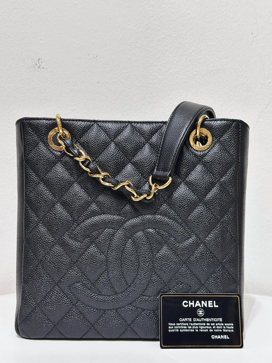 Chanel Caviar Quilted Petit Shopping Tote PST Black GHW 1608 holo card