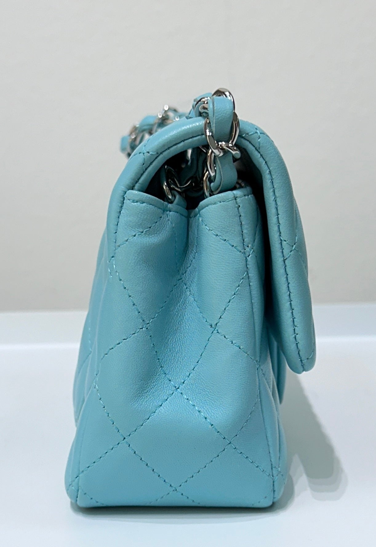 CHANEL 19C Tiffany Lambskin Quilted Mini Rectangular Flap Neon Blue