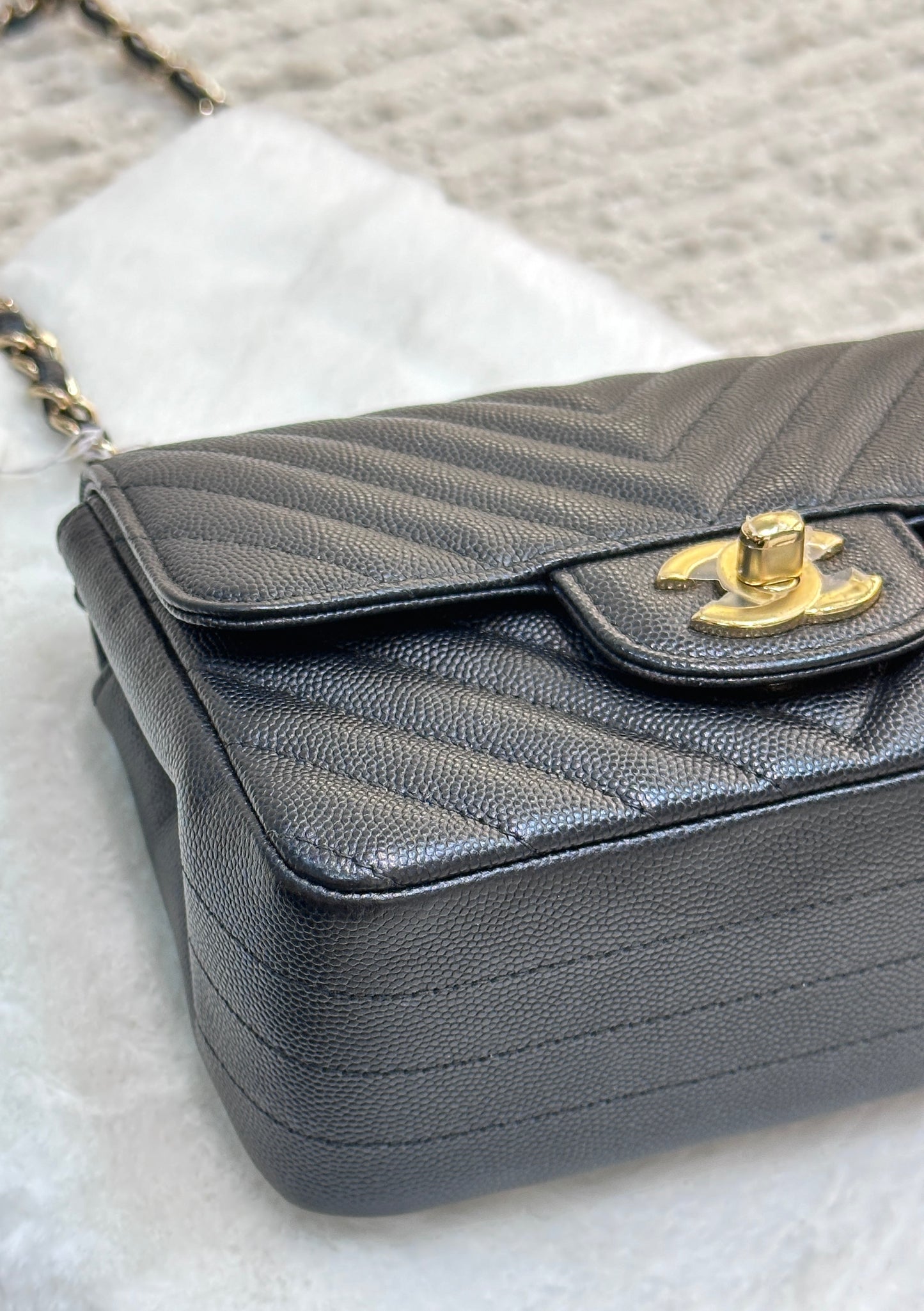 Chanel Mini Square Black Chevron Caviar Light Gold Hardware