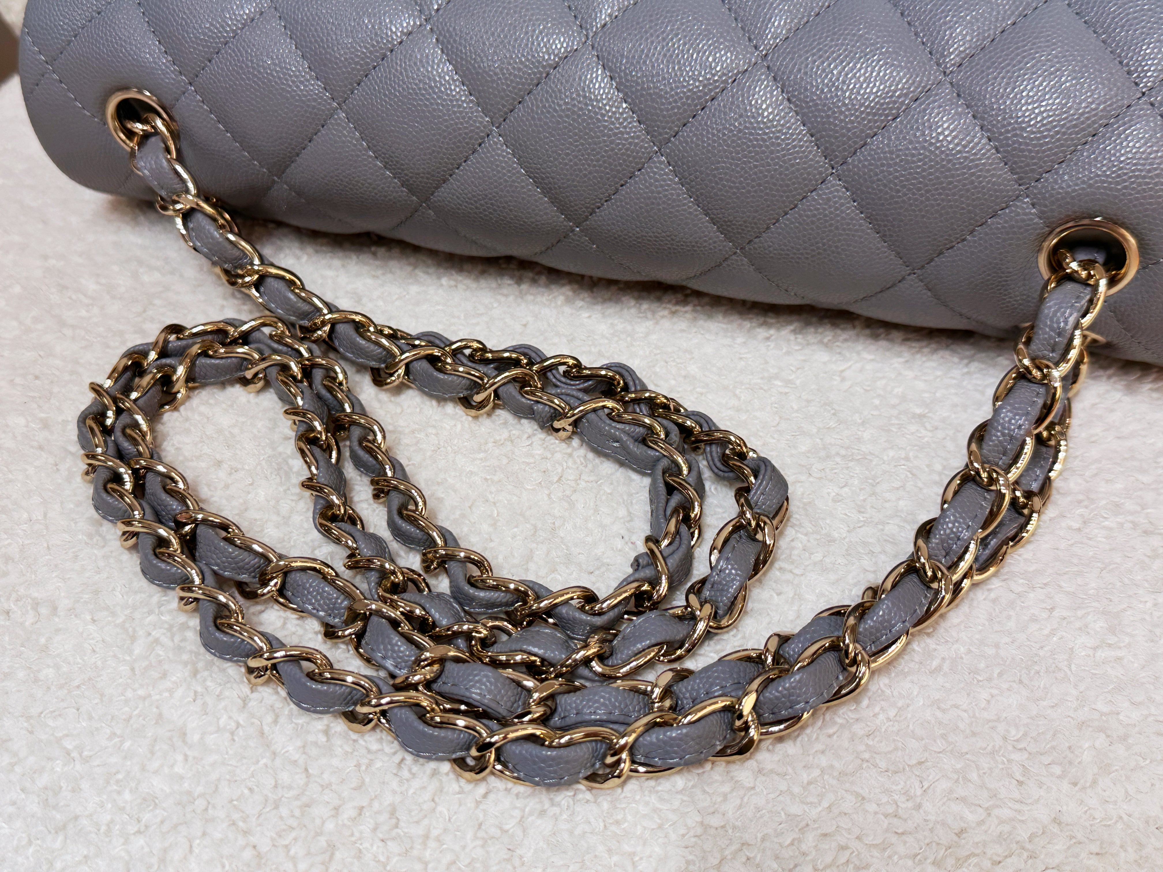 Chanel Jumbo Caviar Classic Quilted Double Flap Bag Light Grey LGHW 2910 holo card