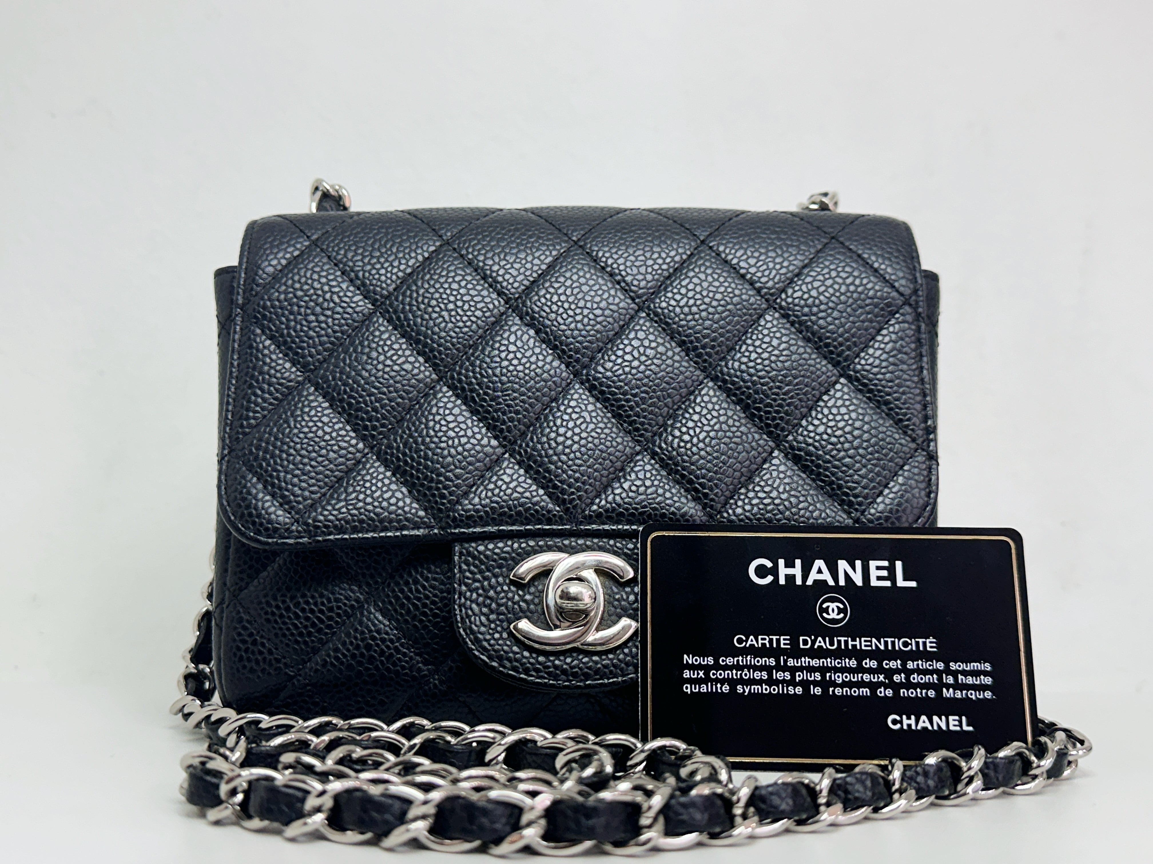Chanel Mini Square Classic Quilted Caviar Single Flap Bag Black SHW 1184 holo card