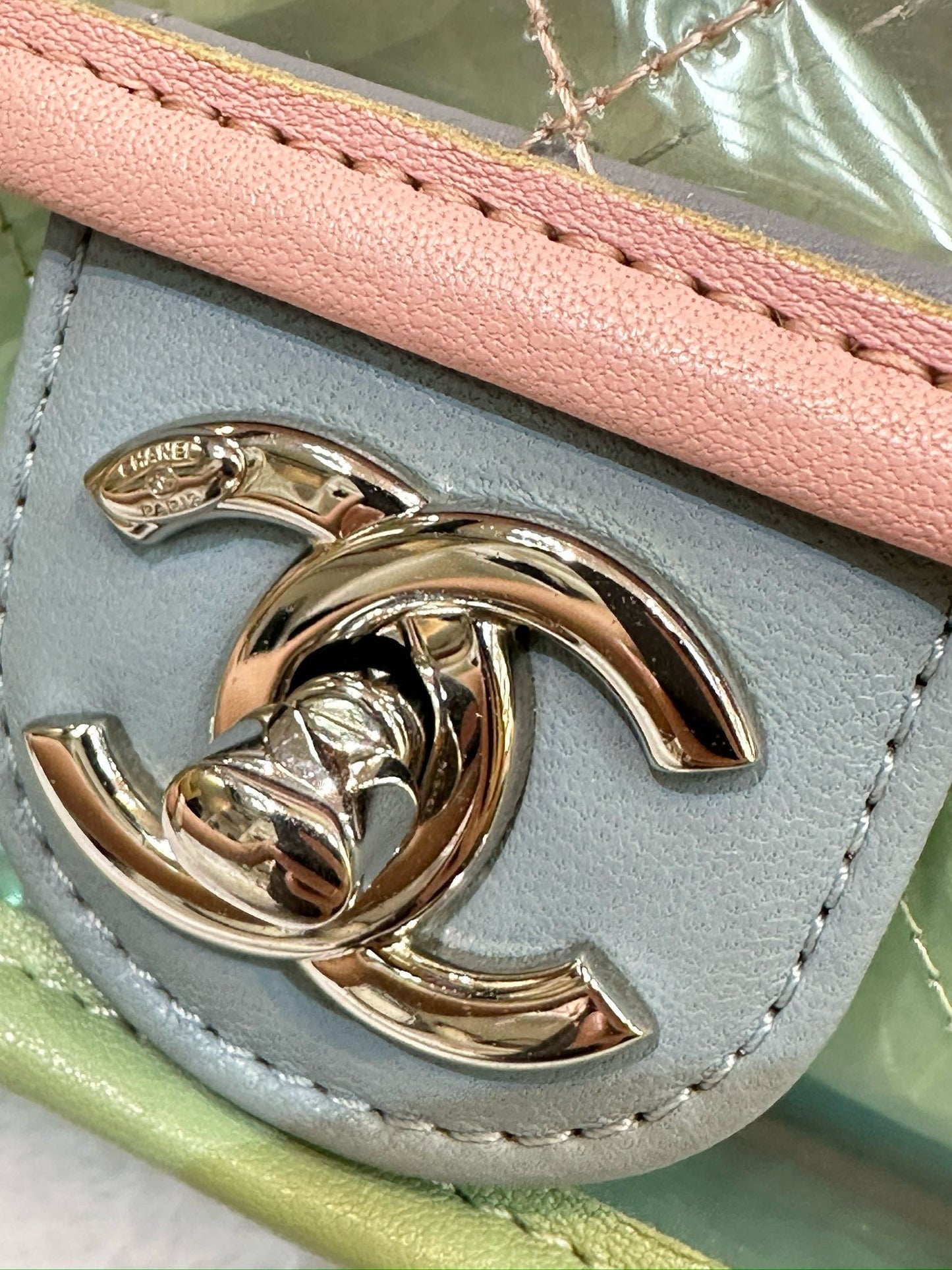 Chanel Mini Coco Splash PVC Flap Bag Pink/Green/Blue SHW 2576 holo card