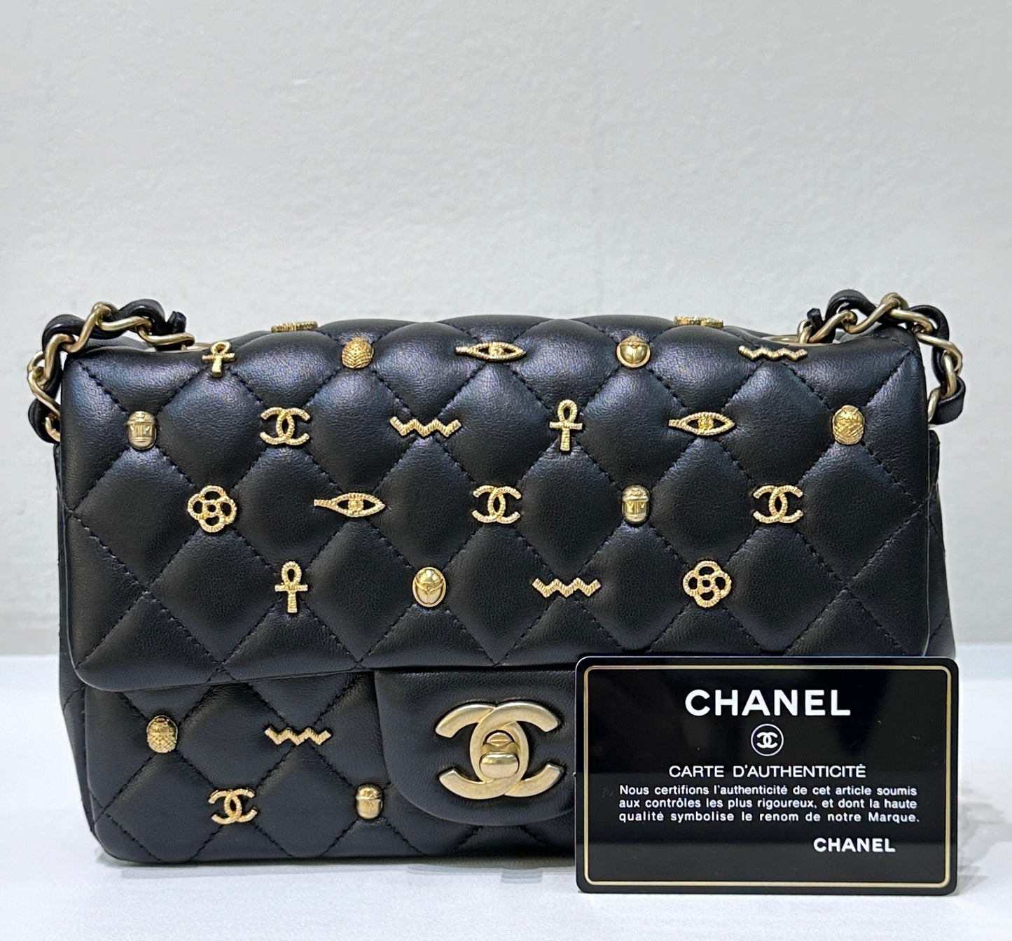 Chanel Mini Lambskin Quilted Egyptian Amulet Rectangular Flap Black GHW