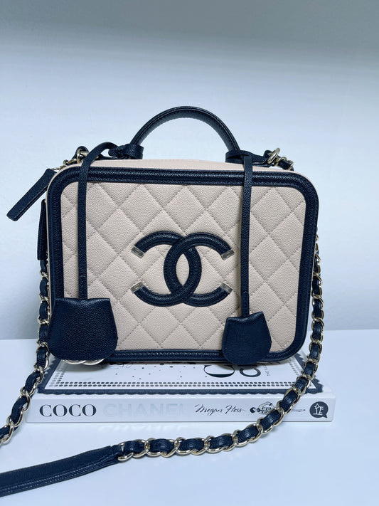 Chanel Quilted Medium CC Filigree Vanity Case Beige Caviar Gold Hardware