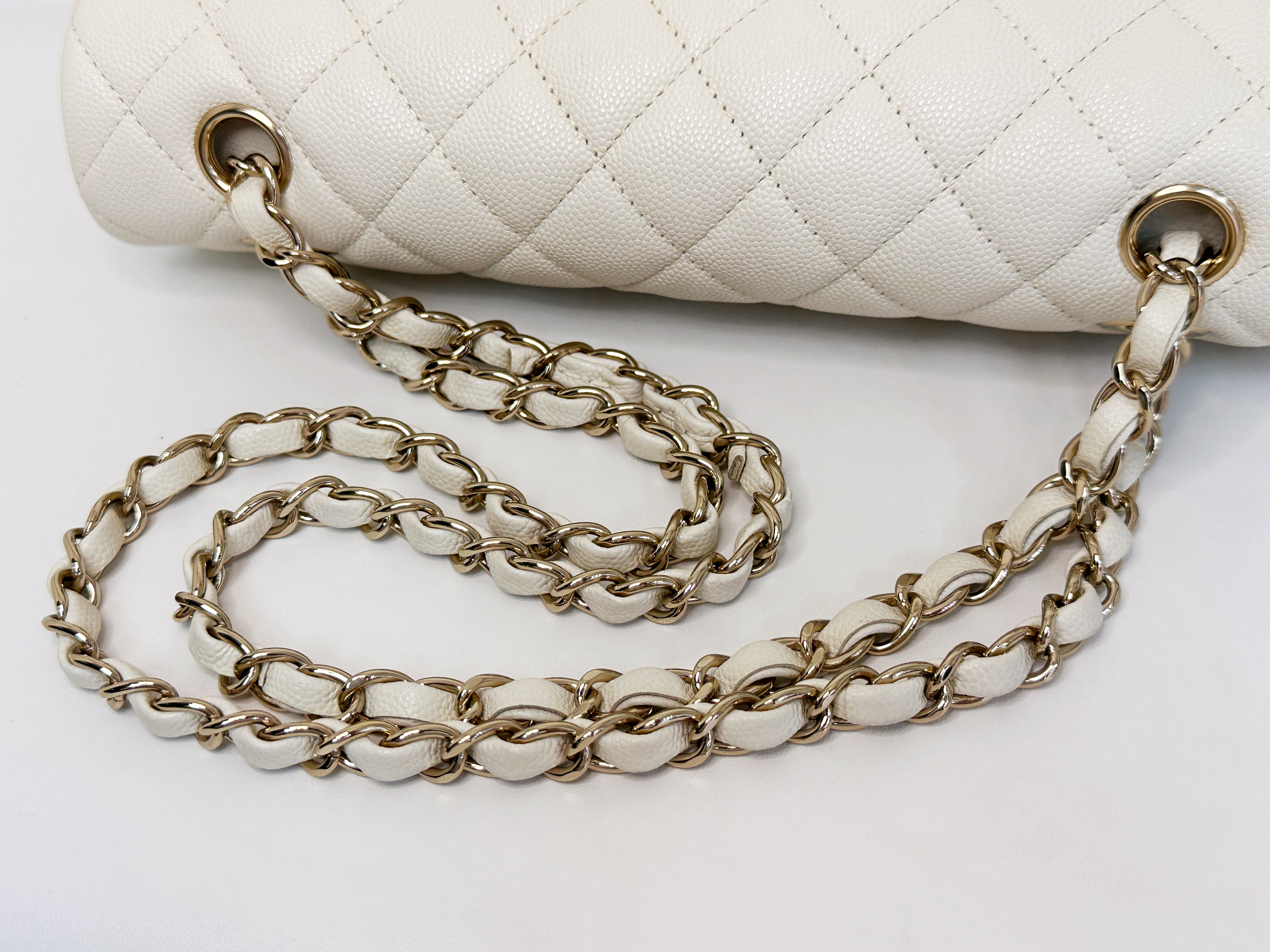 Chanel Medium Caviar Classic Quilted Double Flap White Light Beige Bag LGHW L45J microchip