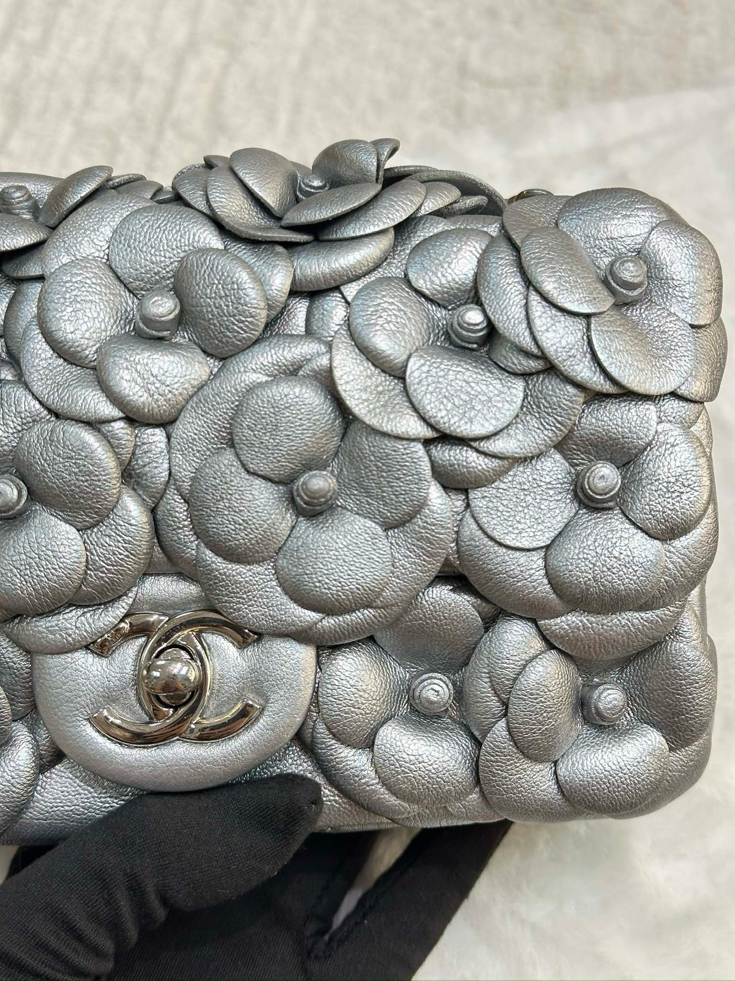 Chanel Mini Camellia Lambskin Shiny Silver SHW