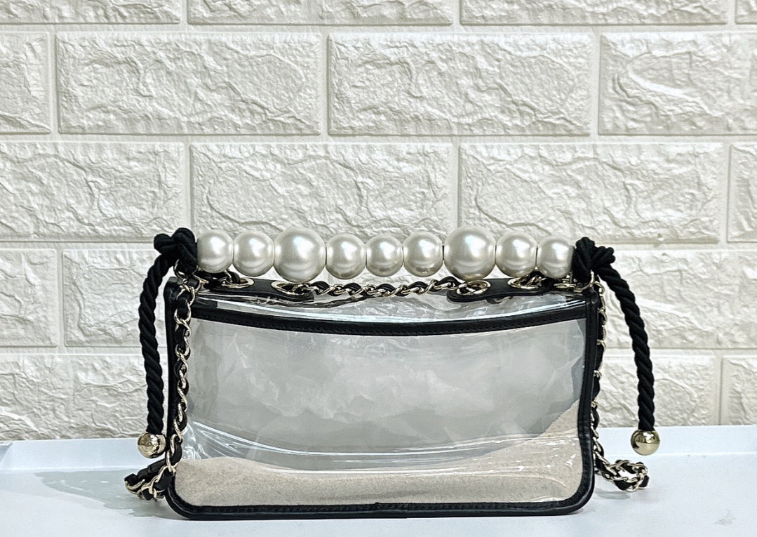 CHANEL Lambskin PVC Sand By The Sea Flap With Pearl Strap Black