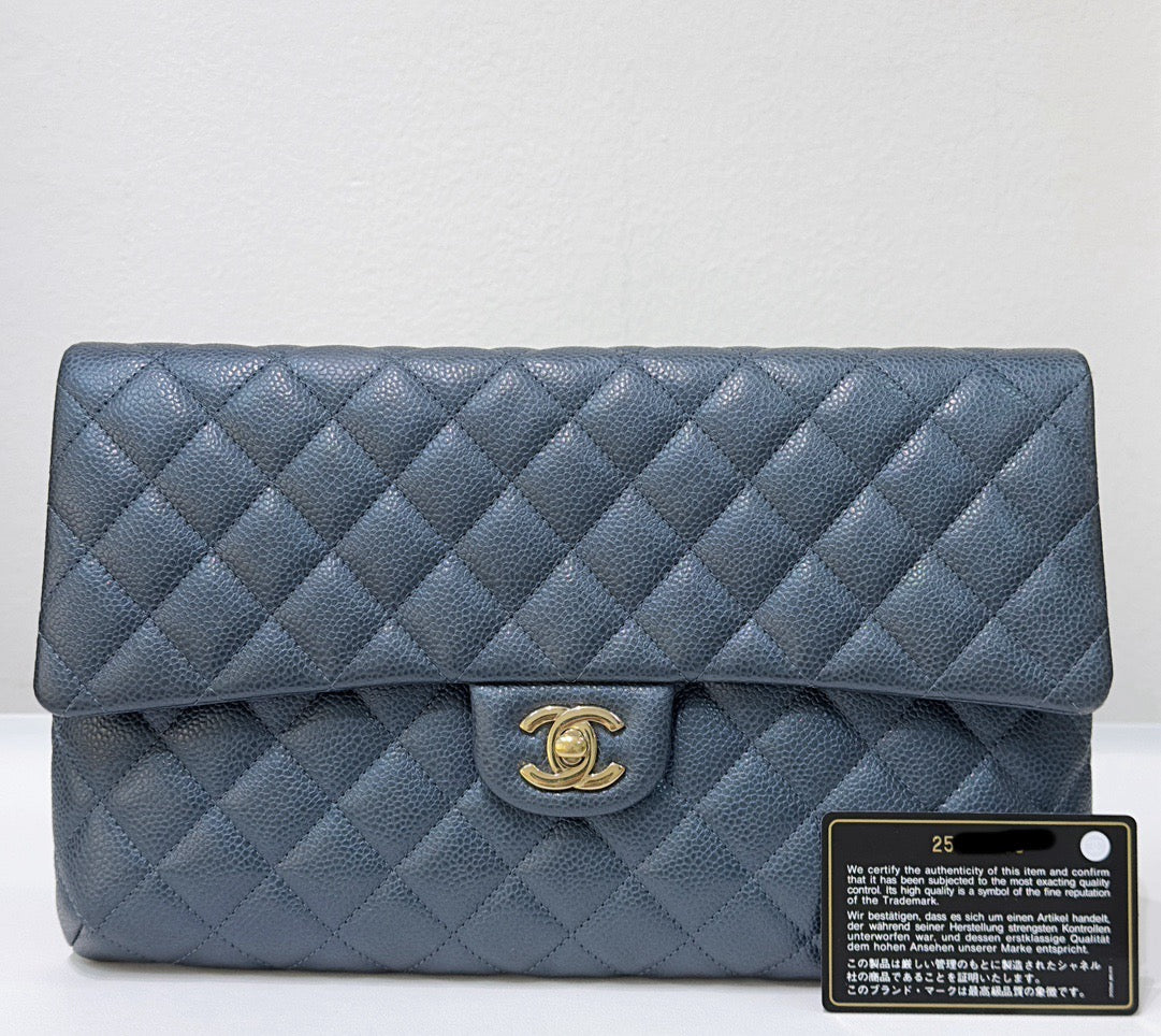 CHANEL Classic Large Clutch Blue Grained Calfskin GHW