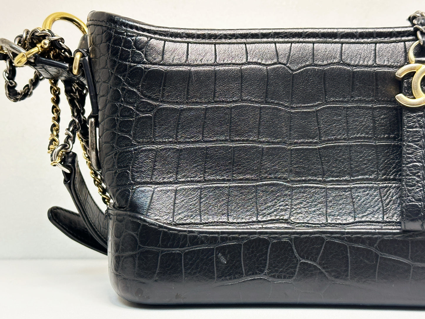 Chanel Small Gabrielle Hobo Bag Crocodile Embossed Calfskin Black 2822 holo card