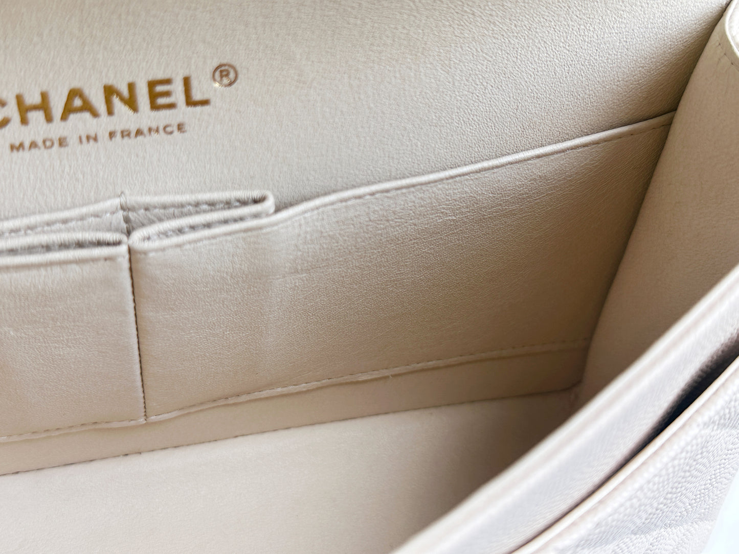 Chanel Medium Caviar Classic Quilted Double Flap Ivory Light Beige Bag LGHW