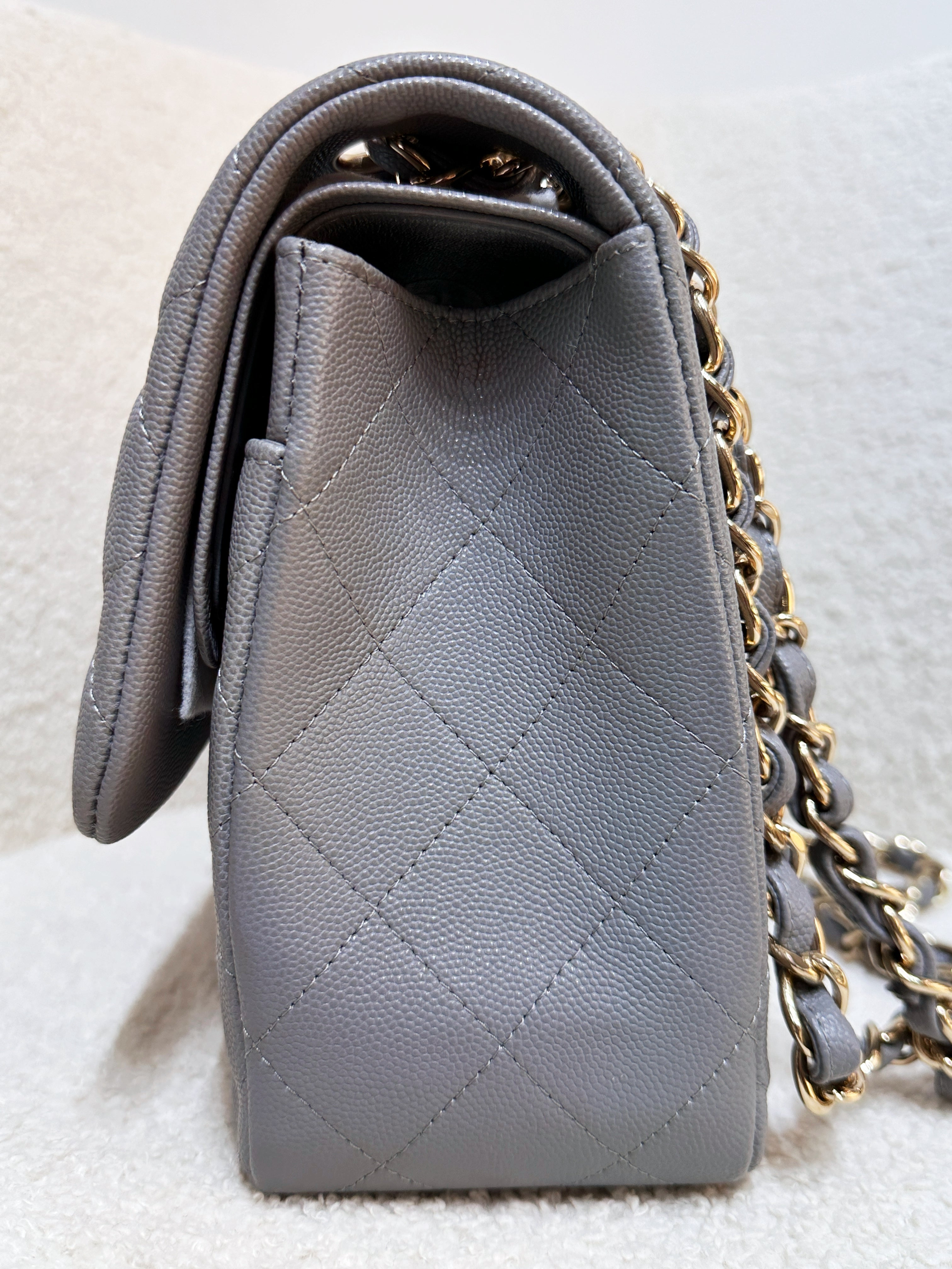 Chanel Jumbo Caviar Classic Quilted Double Flap Bag Light Grey LGHW 2910 holo card