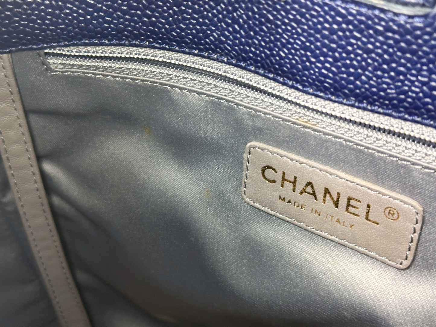 Chanel Caviar Quilted Petit Shopping Tote PST Navy Blue 1898 holo card