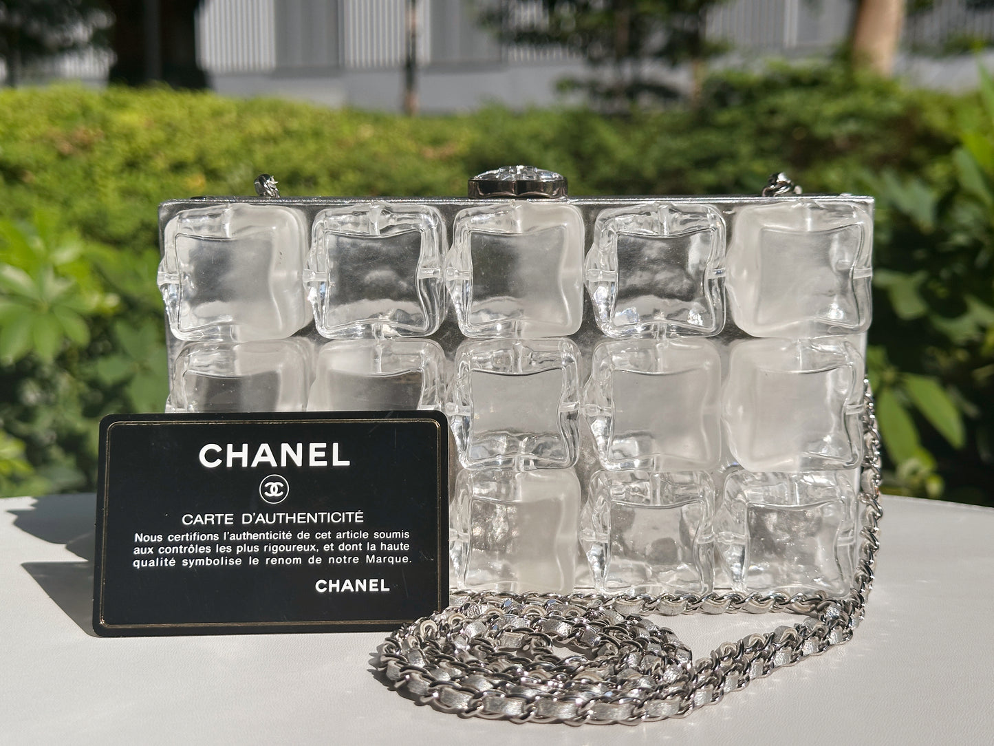 Chanel Silver Metallic Lambskin and Clear Acrylic Ice Cube Bag Silver Hardware 1426 holo card