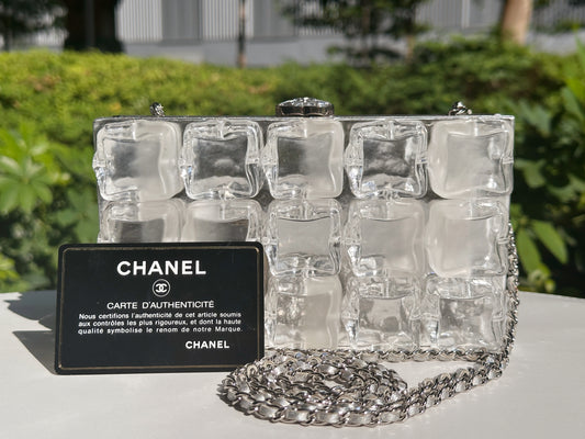 Chanel Silver Metallic Lambskin and Clear Acrylic Ice Cube Bag Silver Hardware 1426 holo card