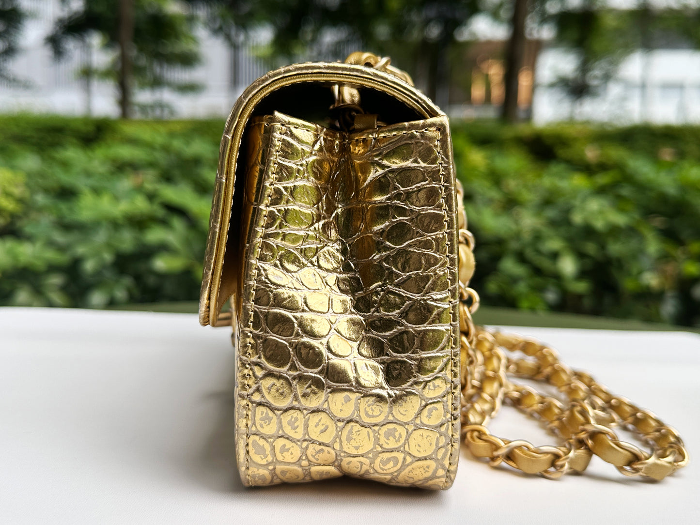 Chanel Mini Calfskin Crocodile Embossed Rectangular Gold Metallic Flap Bag 2803 holo card