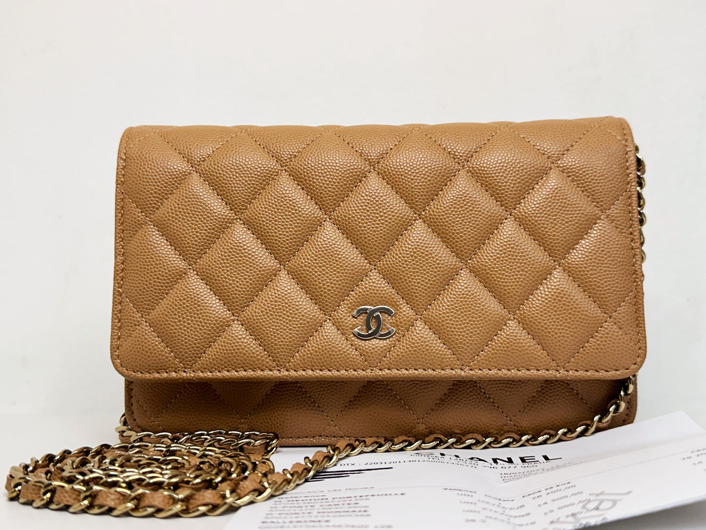 Chanel 23P Caramel Dark Beige Caviar Classic Quilted Wallet on chain LGHW UK27 microchip