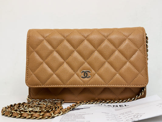 Chanel 23P Caramel Dark Beige Caviar Classic Quilted Wallet on chain LGHW UK27 microchip
