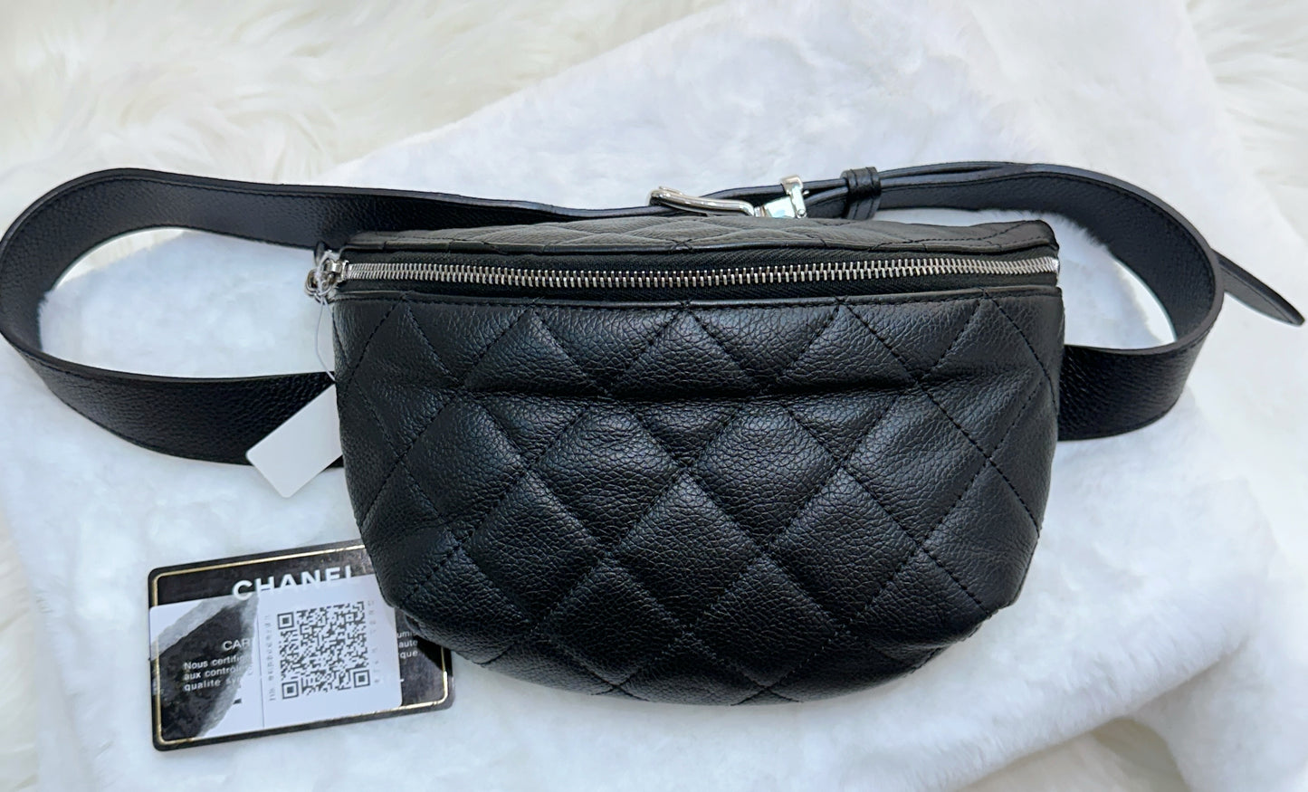 CHANEL Grained Calfskin Quilted Waist Belt Bag Black 2748 holo card