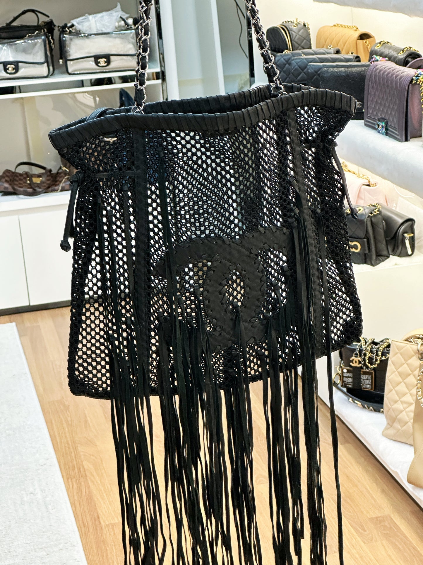 Chanel Limited Edition Resort 2011 Black Fringe Mesh Tote Bag 1373 holo card