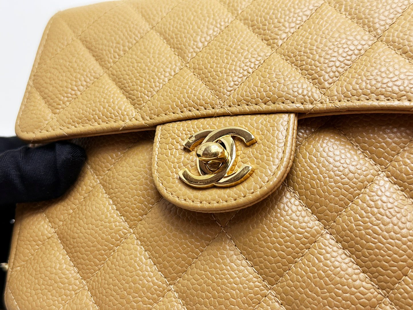 Chanel 24K Gold Mini Square Caviar Classic Flap Chain Shoulder Bag Beige GHW 84 holo card