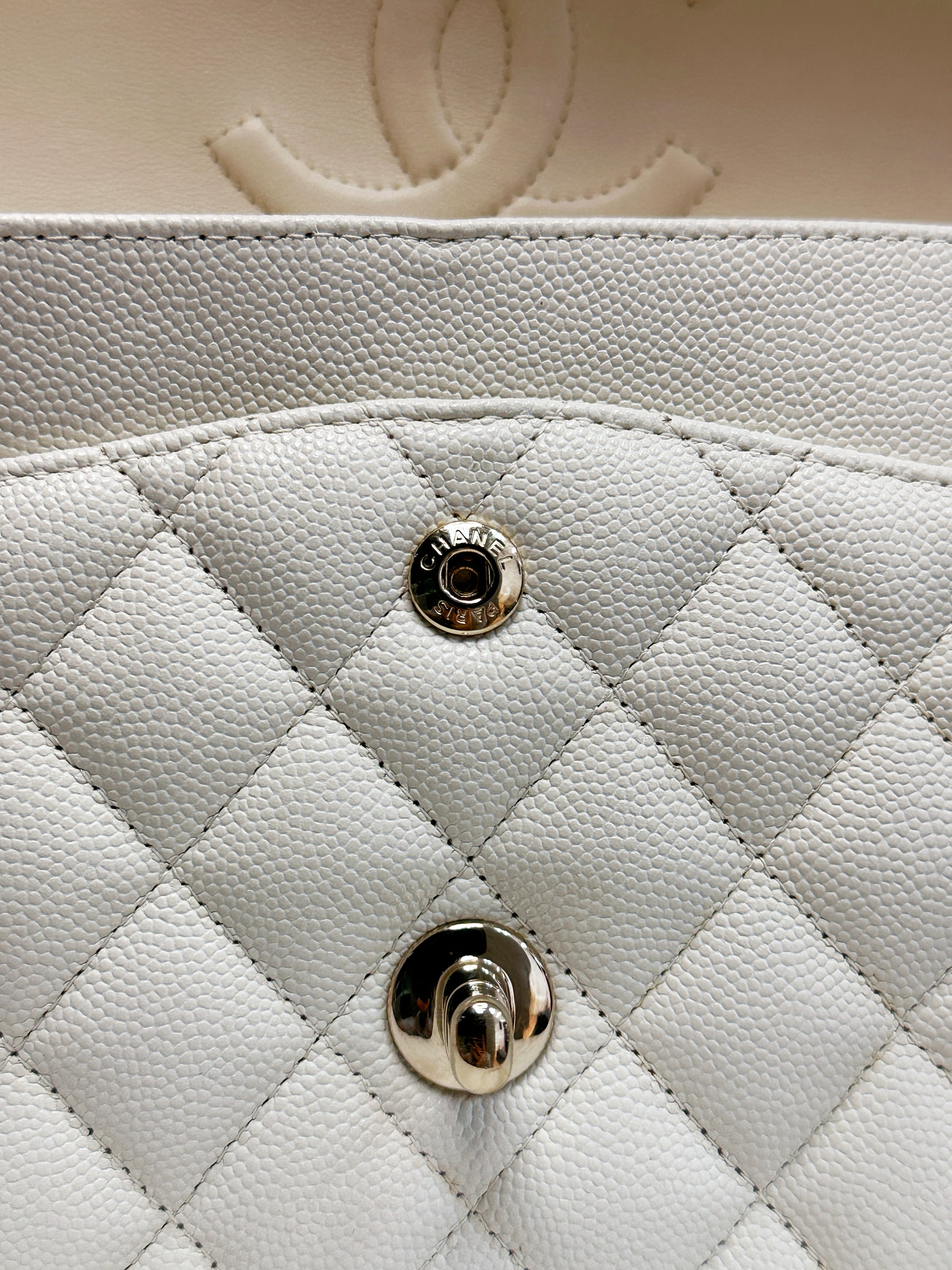 Chanel Medium Caviar Classic Quilted Double Flap White Light Beige Bag LGHW L45J microchip