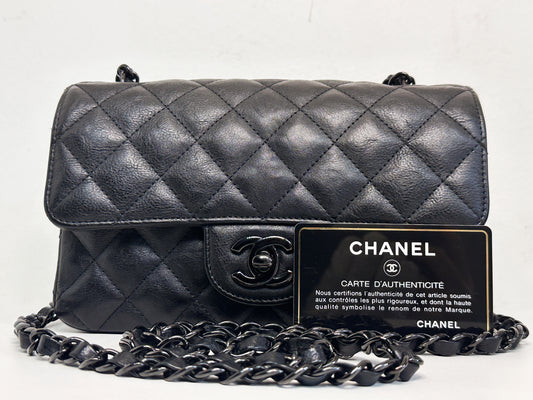 Chanel Quilted Mini Rectangular Flap So Black Crumpled Calfskin Bag 2400 holo card