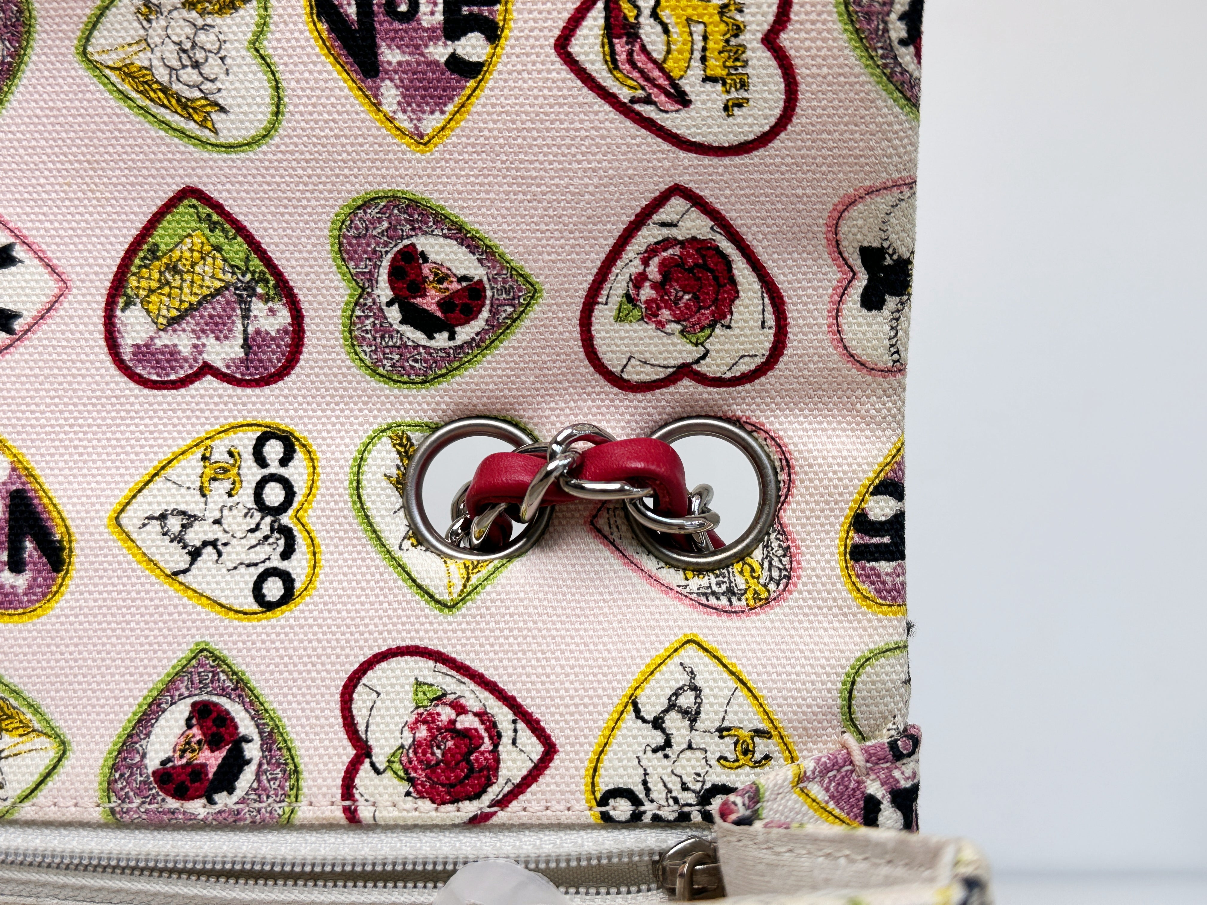 Chanel Valentine Coco Heart Motif Printed Pink Canvas East West Flap Bag 1064 holo