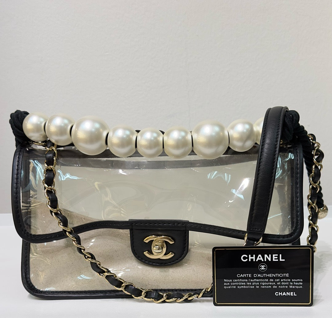 Chanel Medium Lambskin CoCo Sand PVC Sand By The Sea Flap With Pearl Strap Black GHW