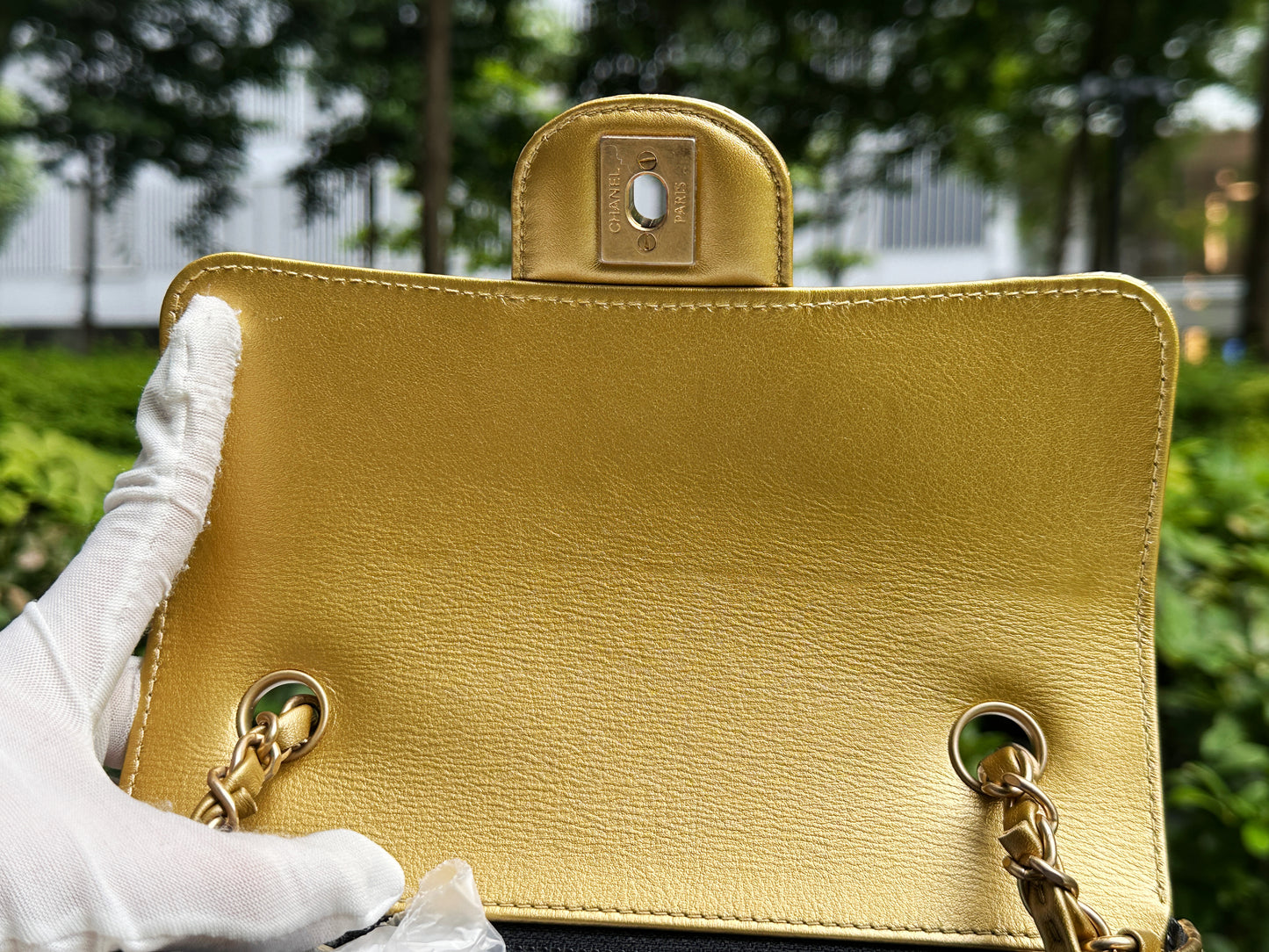 Chanel Mini Calfskin Crocodile Embossed Rectangular Gold Metallic Flap Bag 2803 holo card