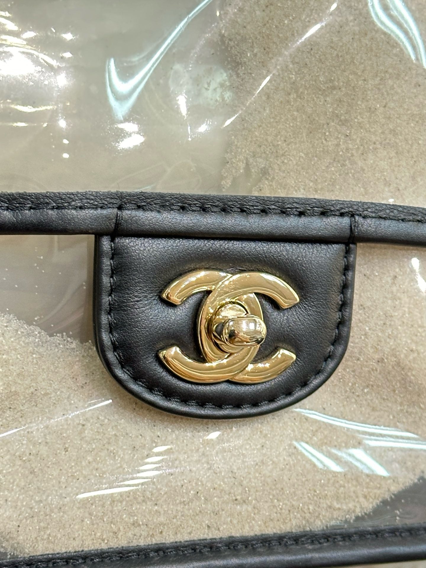 Chanel Medium Lambskin CoCo Sand PVC Sand By The Sea Flap With Pearl Strap Black GHW