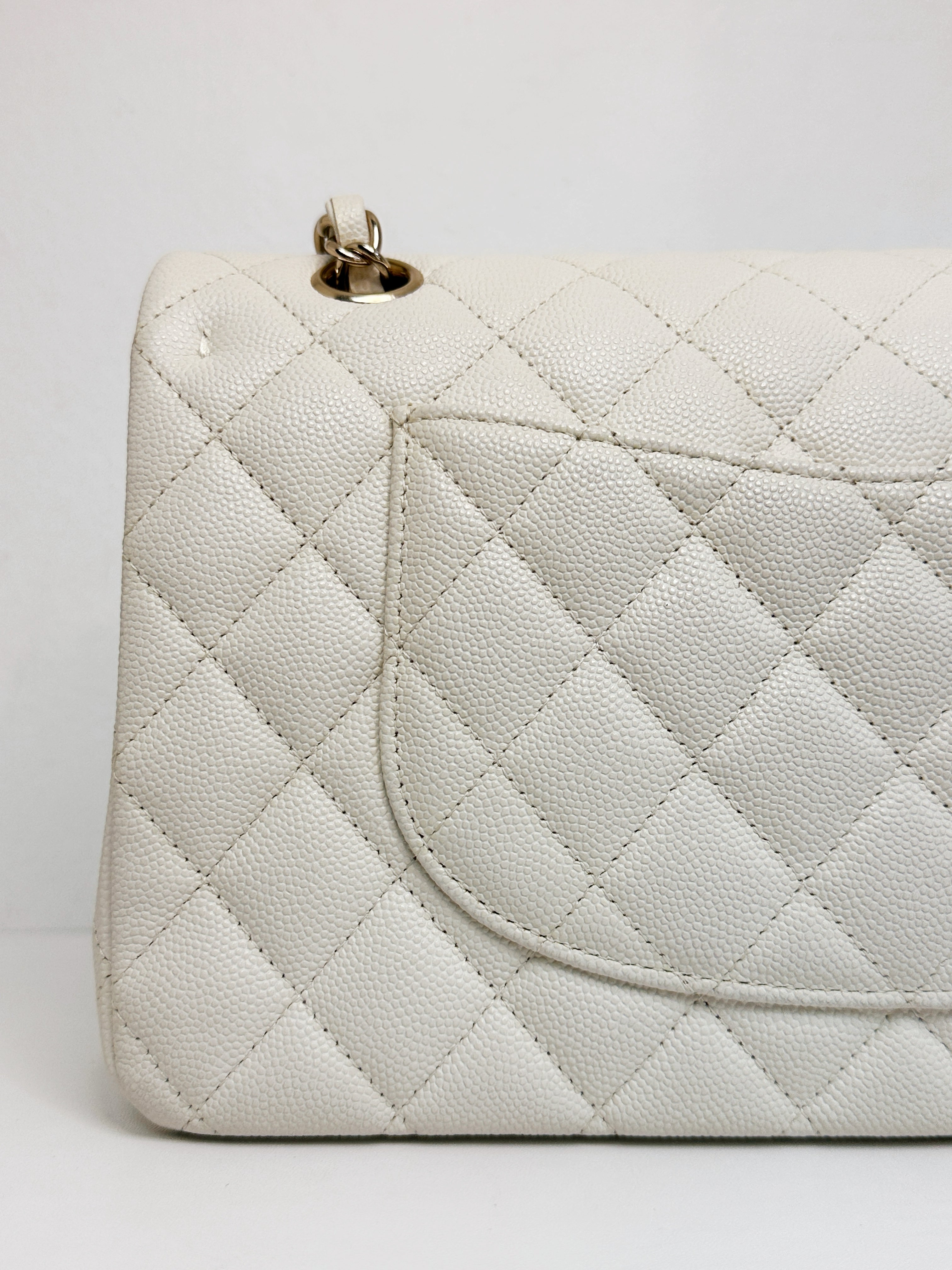 Chanel Medium Caviar Classic Quilted Double Flap White Light Beige Bag LGHW L45J microchip