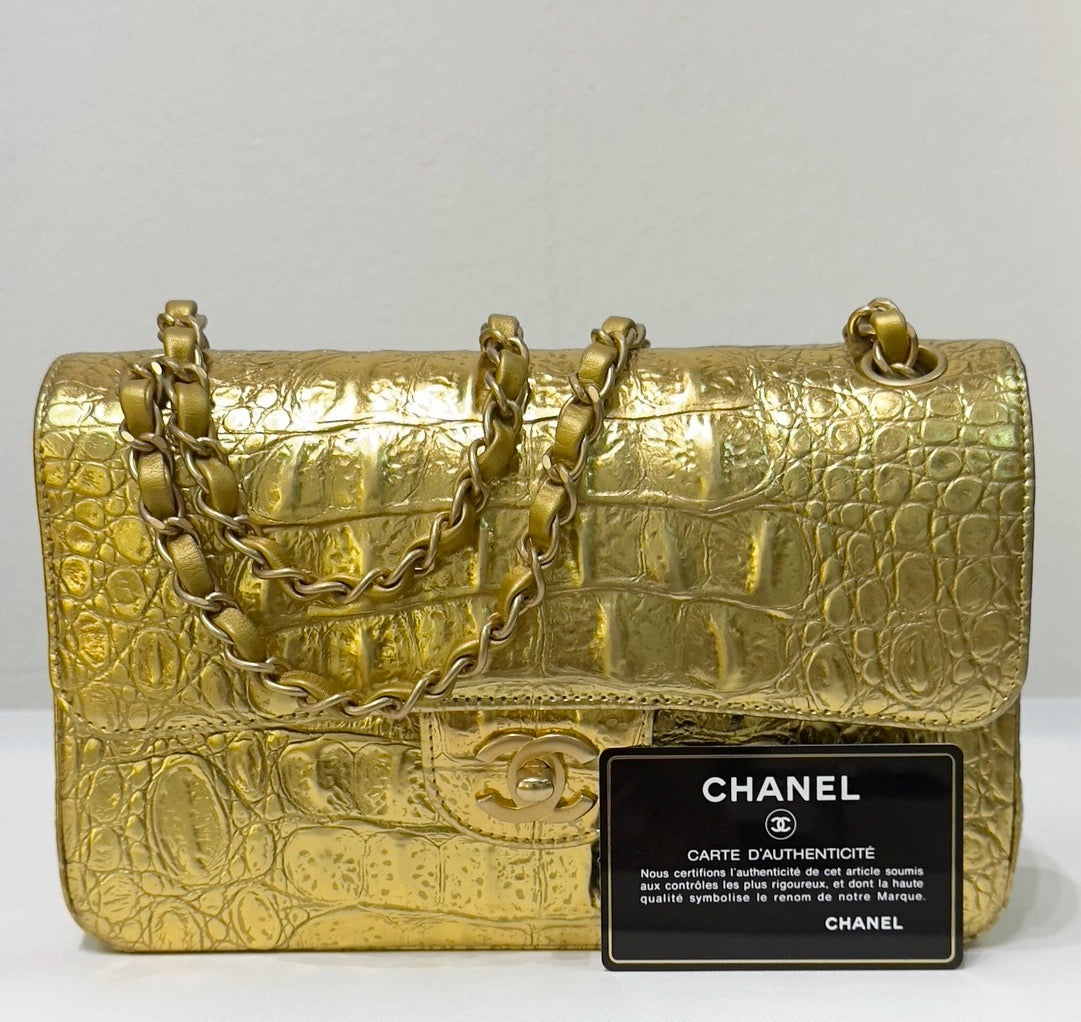 Chanel Small Calfskin Crocodile Embossed  Gold Metallic Flap Bag