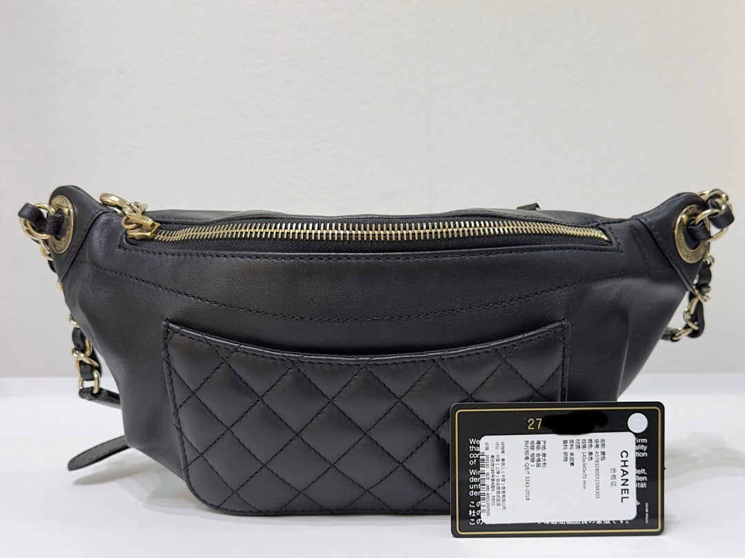 Chanel Lambskin Quilted Waist Bag Fanny Pack Black GHW