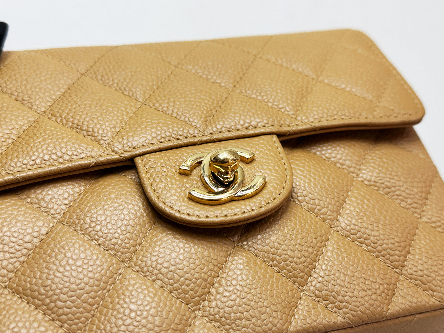 Chanel 24K Gold Mini Square Caviar Classic Flap Chain Shoulder Bag Beige GHW 84 holo card