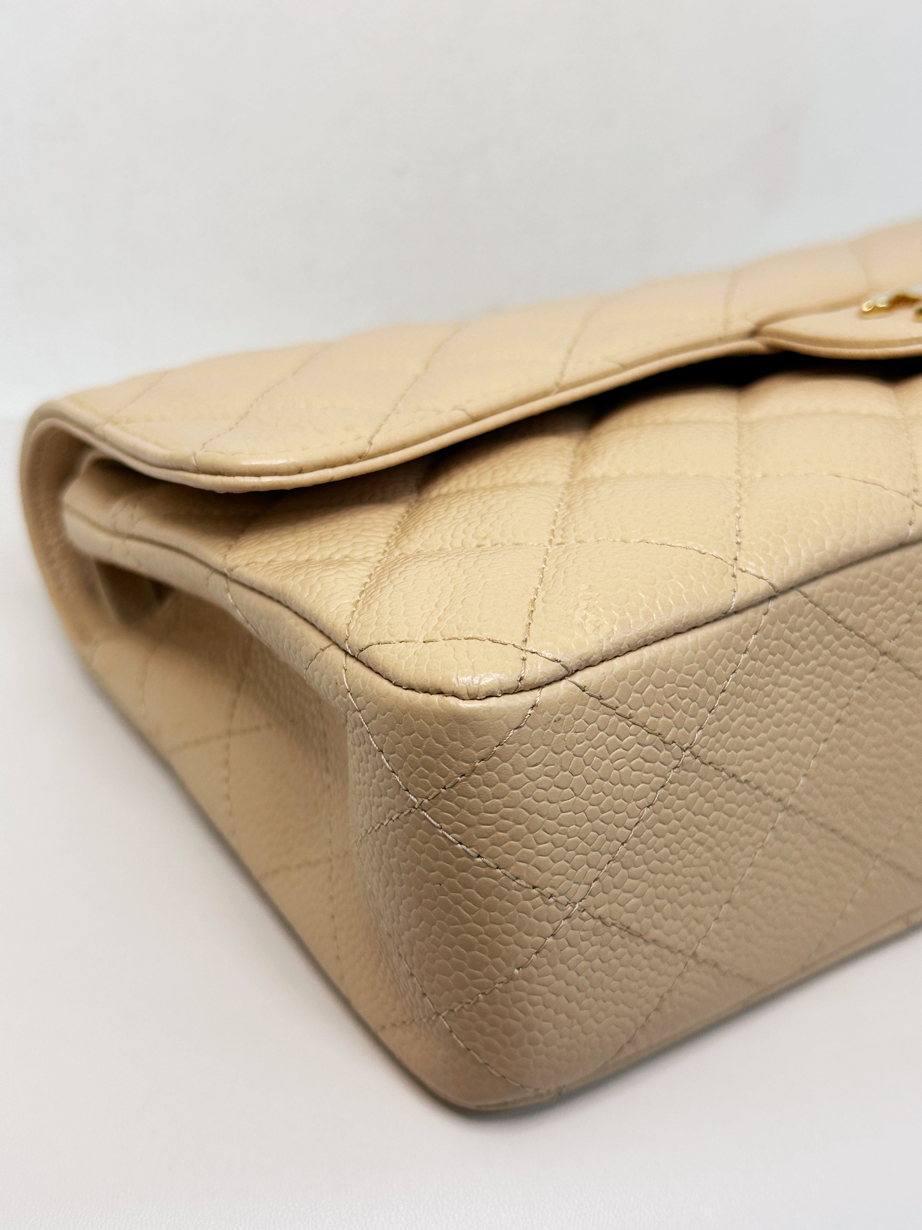Chanel Medium Beige Classic Caviar Double Flap Bag GHW 2163 holo