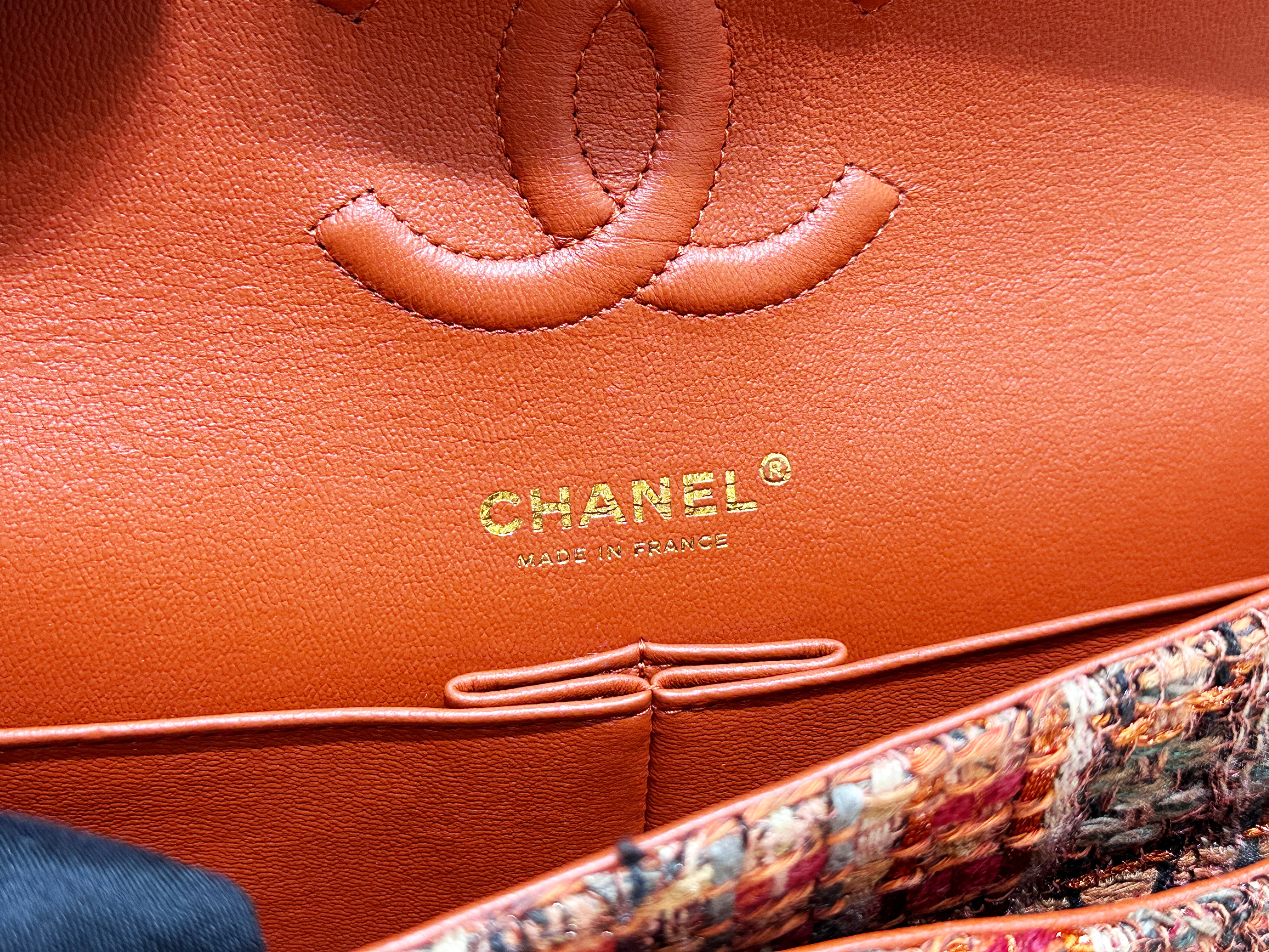 Chanel Tweed Quilted Medium Double Flap Bag Orange Multicolor K9J2 microchip