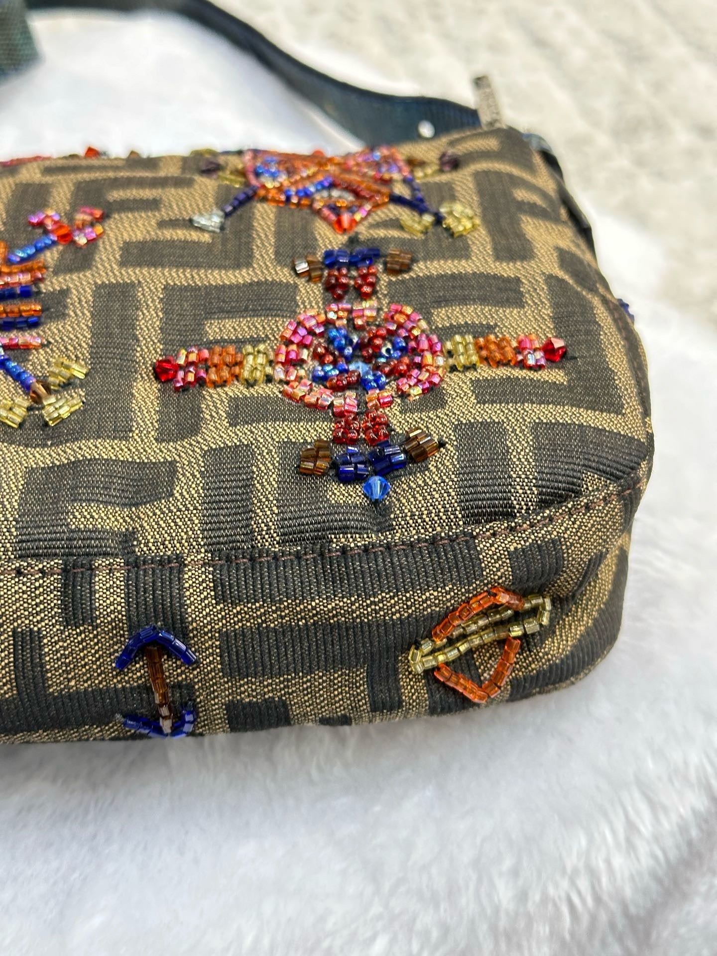 Fendi Baguette Zucca Monogram with Beaded Floral Embroidery SHW