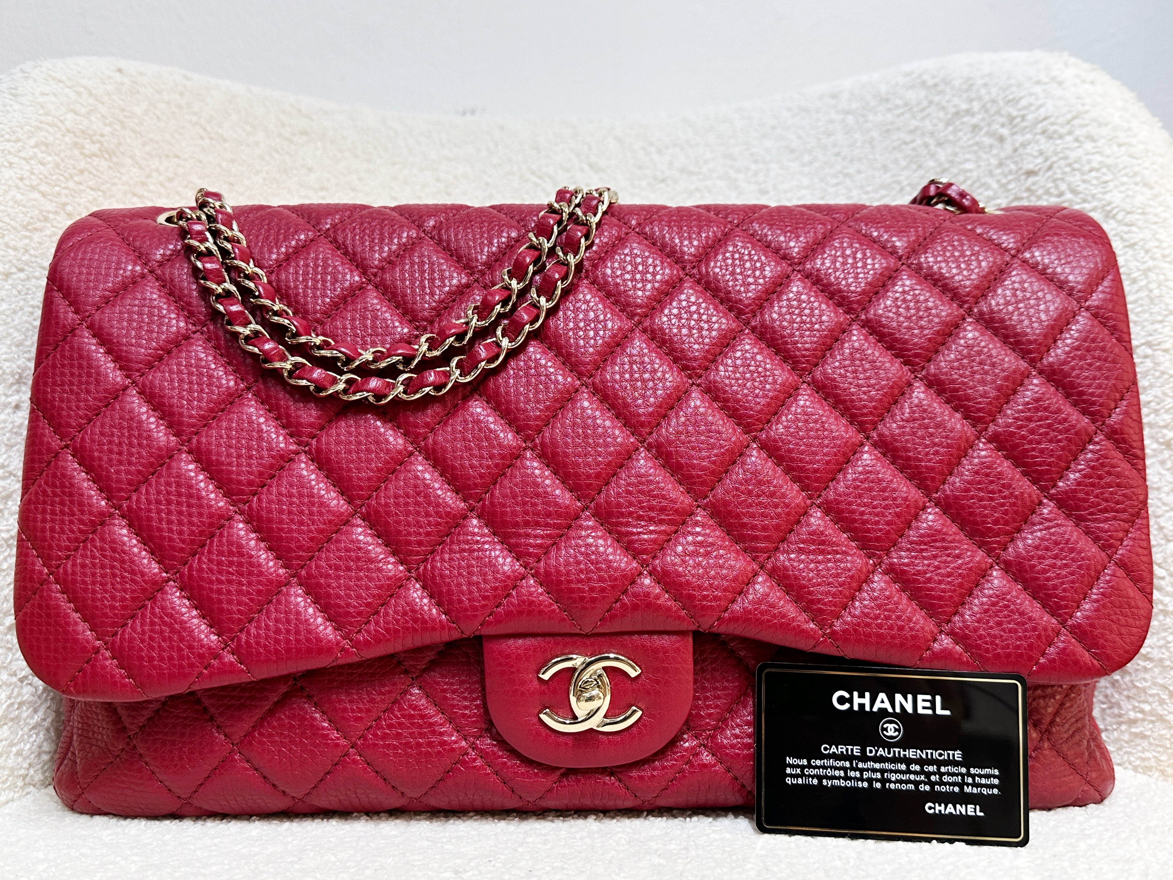 Chanel Red Grained Calfskin XL Small Travel Flap Bag Light Gold Hardware