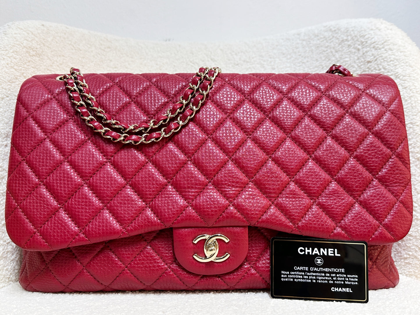 Chanel Red Grained Calfskin XL Small Travel Flap Bag Light Gold Hardware