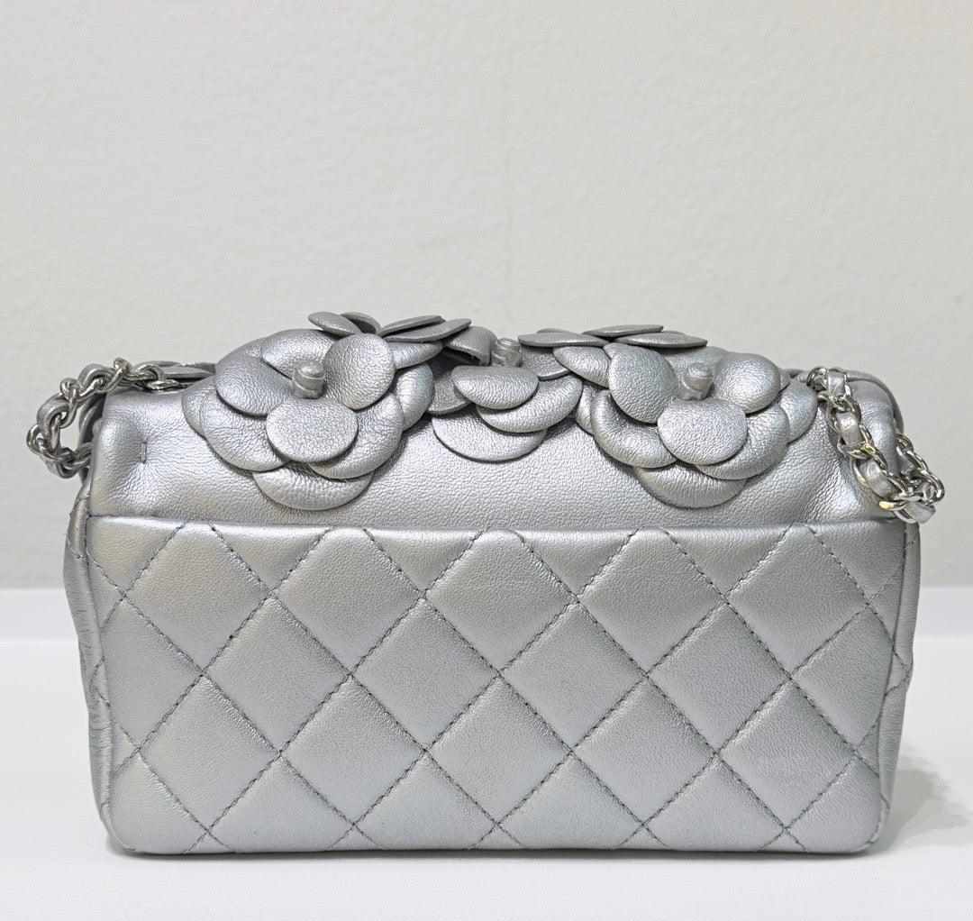 Chanel Mini Camellia Lambskin Shiny Silver SHW