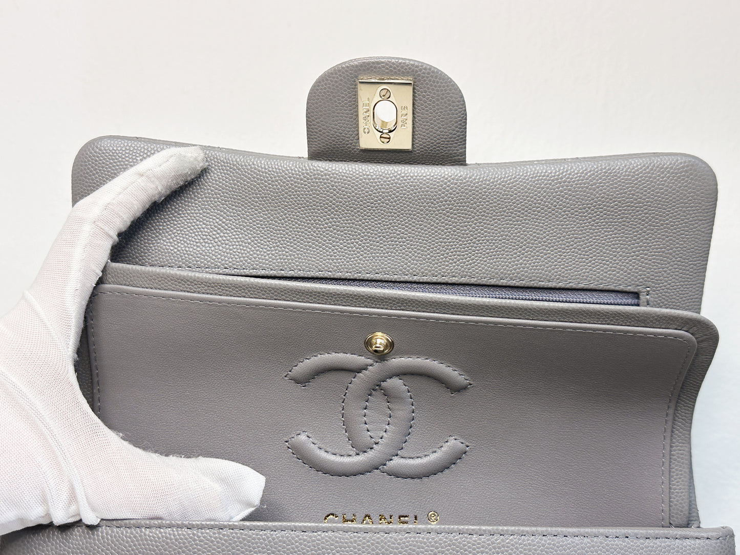 Chanel Small Caviar Quilted Double Flap Bag Grey LGHW EK81 microchip